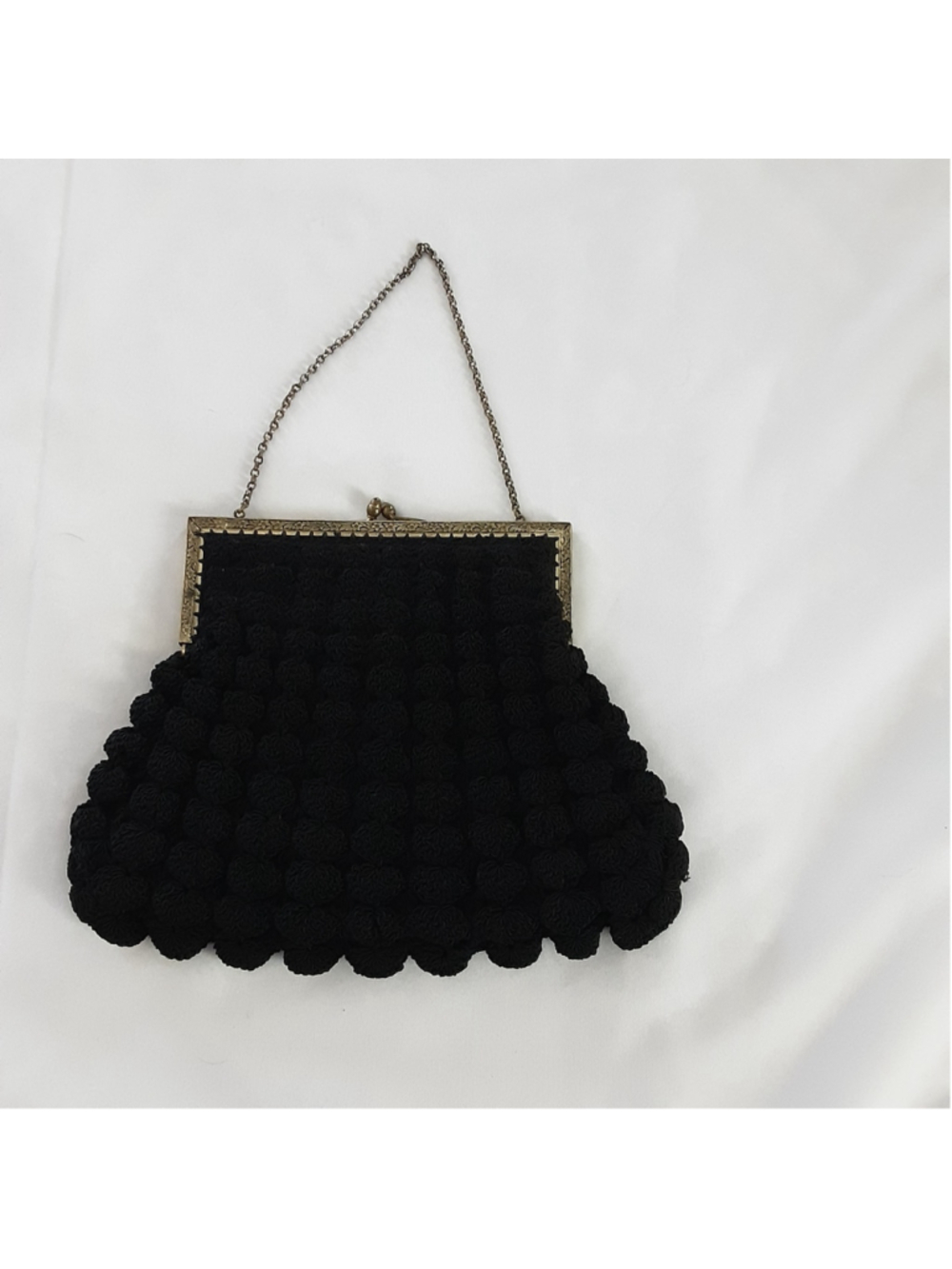 Vintage Black Crochet Evening Bag Metal Frame Chain Handle Kiss Lock Purse